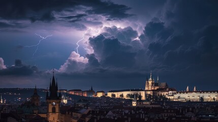 Obraz premium Thunderstorm over Prague city in Czech Republic in Europe.