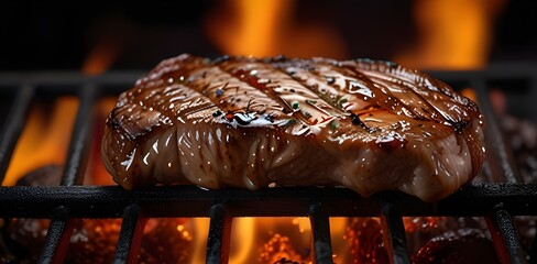 Grilled beaf meat on grill with hot flames