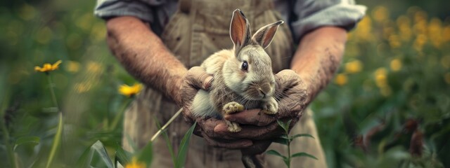 a male farmer holds a rabbit in his hands. Selective focus