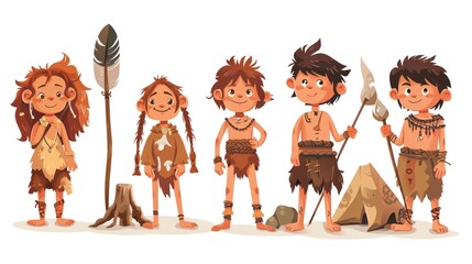Vector illustration of prehistoric caveman children on white background.