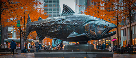A giant salmon statue as a central feature on a lively city sidewalk