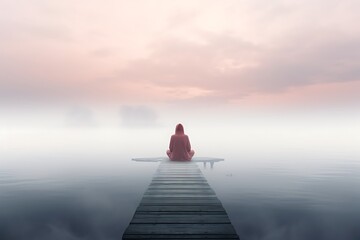 Fototapeta premium A female meditating by a serene lake at dawn, with a misty environment,