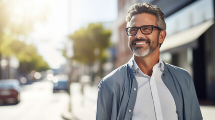 Obraz premium Confident happy smiling mature Hispanic entrepreneur standing in sunny city and looking at camera