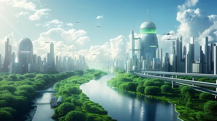 Futuristic green smart city with flying cars and sustainable architecture, eco friendly urban design