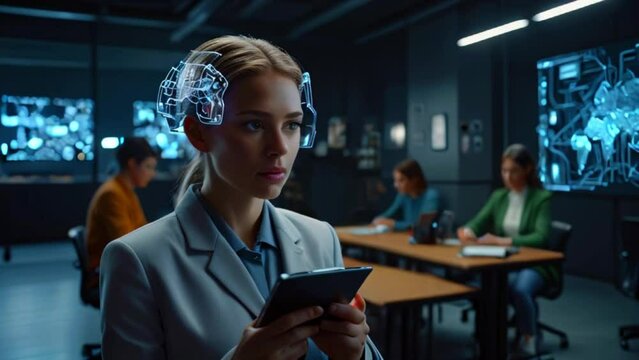 A woman wearing a AI headset is looking at a tablet. There are other people in the background.