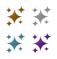 A set of 4 3D rendered illustrations of groups of 4 four-pointed stars in a metallic texture, isolated on a white background