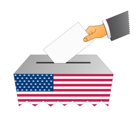A colour poster of a USA election ballot box with a ballot being inserted in the box, isolated on a white background