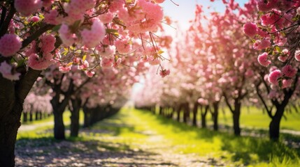 Naklejka premium Blossoming Pink Cherry Trees Lining A Pathway In The Warm Spring Sunshine. Generative AI