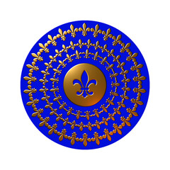 A 3D-rendered illustration of a shield decorated with golden metallic concentric circles of different fleur de lys types on a blue dick, isolated on a white background