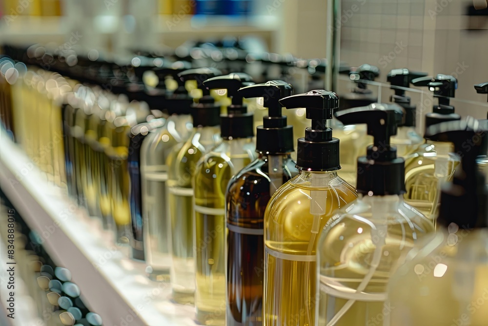 Poster A close-up view of rows of elegant shampoo and conditioner bottles in a modern salon setting. Generative AI