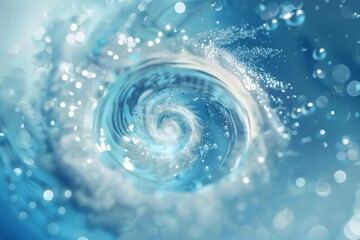 Abstract background with swirling water and bubbles in light blue color, creating an elegant and tranquil atmosphere. Water swirls around the center of the composition, surrounded by delicate ripples 