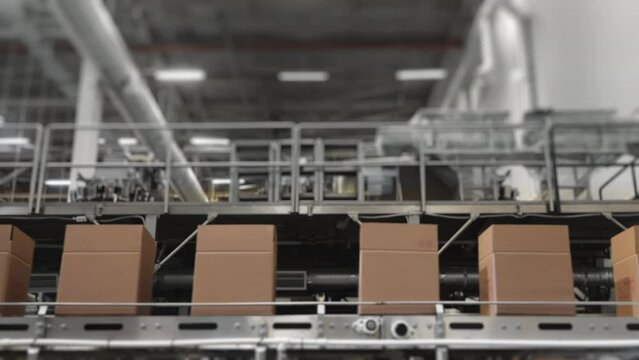 Automated Conveyor Line With Cardboard Boxes in Packaging Factory.