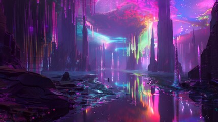 Futuristic abstract scenery with vibrant hues - A fantastical digital landscape, rich with glowing structures and reflective surfaces in vivid hues