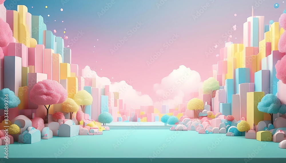 Wall mural 3d pastel block buildings geometric colorful paper cut city dreamy sky clouds and candy color pink t