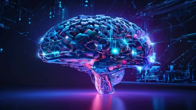 A brain with a glowing blue and purple circuit board pattern over it.