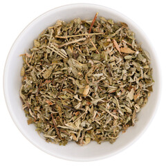 Overhead view of dried damiana leaves and stalks (Turnera diffusa) in a bowl, isolated on white...