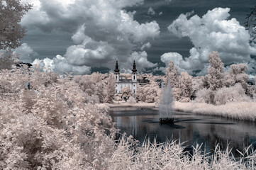 Infrared dreamy landscape with Bottomless lake (Feneketlen to) in Budapest