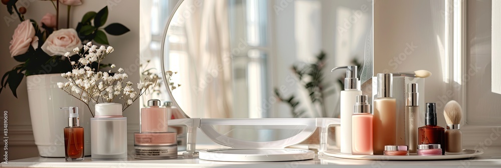 Poster a close-up of an organized vanity tabletop with a mirror and various cosmetic products. generative a