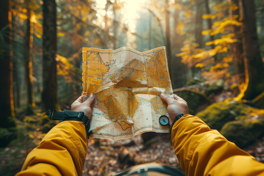 Person in yellow jacket holding a map and compass in a sunlit forest, ideal for navigation and outdoor adventure themes. POV Point of View shooting trend.