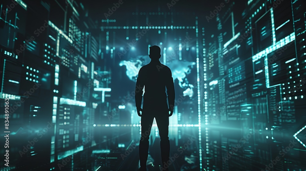 Wall mural Silhouette of a man standing in a futuristic digital environment with data and technology elements around him. - Wall murals