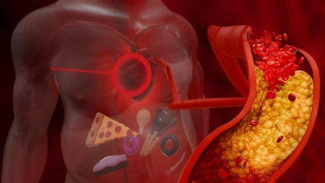 Concept fast food, sugar, and alcohol leading to atherosclerosis, LDL cholesterol buildup, clogged arteries, cardiovascular disease, stroke, and fatal heart attacks in human body system. 3D rendering