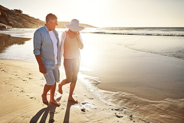 Happy couple, walking and beach for holiday on vacation or coast for getaway, travel and island in...