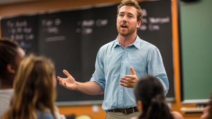 Confident Male Teacher Giving a Lecture in a Classroom with Students