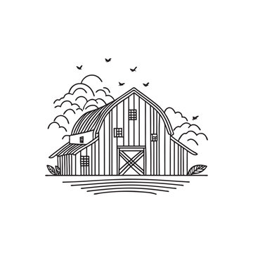 recommend clip art: rustic barn with cloud and bird line art illustration