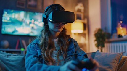 Obraz premium People play video games with VR headset in virtual world.