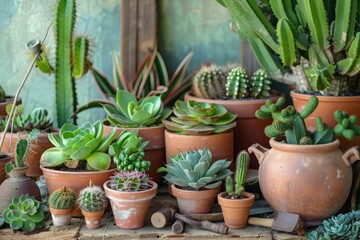 A botanical still life featuring a variety of succulents and cacti in terracotta pots, with gardening tools and soil, creating a fresh and green scene 