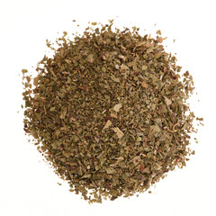 Overhead view of dried cut cistus herb, also known as rock rose herb (Cistus), isolated on white background