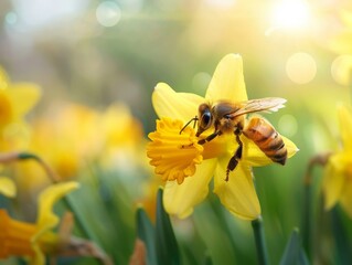 Naklejka premium A close-up of a bee pollinating a bright yellow daffodil, with a background of other spring flowers and soft morning light 