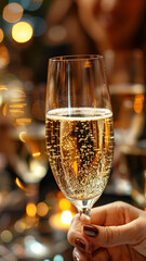 Close-up of a hand holding a champagne glass at a festive celebration, reflecting elegance and joy. POV Point of View shooting trend.