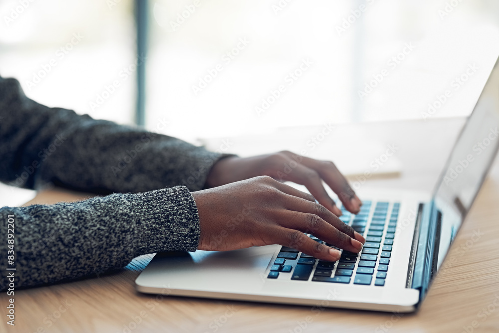 Poster Person, hands and laptop in office or table, working and online business or website design for creative career. Digital, entrepreneur and keyboard for programming on internet, app and networking