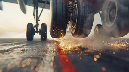 A close-up of an airplane's landing gear touching down on a runway, with smoke and sparks flying as the tires make contact