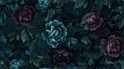 a seamless pattern featuring dark blue, burgundy, and teal peonies with pink accents, all depicted in a watercolor style against a black background. SEAMLESS PATTERN