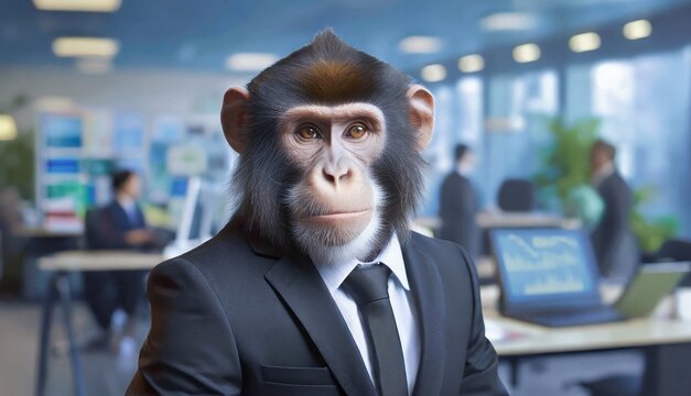 young monkey portrait in black suit at office interior. chimpanzee businessman manager with laptop on table as background