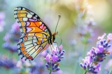 Obraz premium A colorful butterfly perched on a blooming lavender plant, with a blurred background of a spring garden in full bloom 