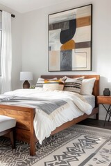 A contemporary bedroom with a platform bed, geometric decor, and a large abstract painting above the headboard, emphasizing clean lines and simplicity 