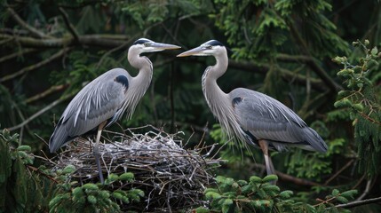 Fototapeta premium Two Great Blue Herons stand on Douglas Fir branches in Beacon Hill Park Victoria British Columbia next to their nest