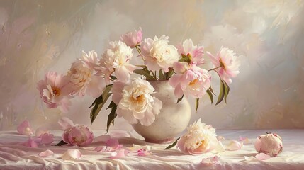 A floral still life of a vase of peonies in full bloom, with petals scattered on the table and a soft, pastel background enhancing the delicate beauty 