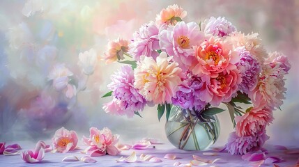 A floral still life of a vase of peonies in full bloom, with petals scattered on the table and a soft, pastel background enhancing the delicate beauty 