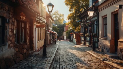 Fototapeta premium A historic cobblestone street in a charming old town, with quaint buildings, street lamps, and a nostalgic feel 