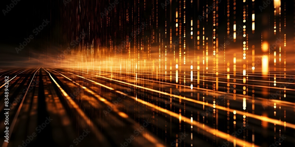 Poster streaming orange binary code on black background signifying the digital era and big data. concept di