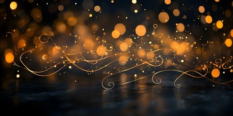 Abstract black background with gold bokeh musical notes perfect for music events. Concept Music Events, Abstract Background, Gold Bokeh, Black Background, Musical Notes