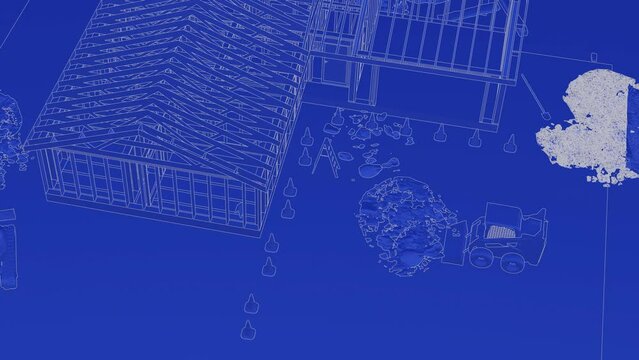under construction house site, frame structure, with large machines, seamless looping 3D blueprint animation