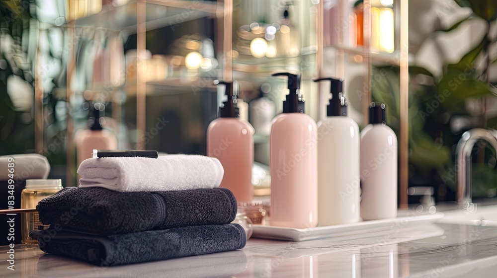 Poster close up of shampoo and conditioner bottles arranged on a bathroom counter, with towels and a white 