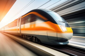 Naklejka premium City Pulse: High-Speed Train Blurs Through Vibrant Urban Colors