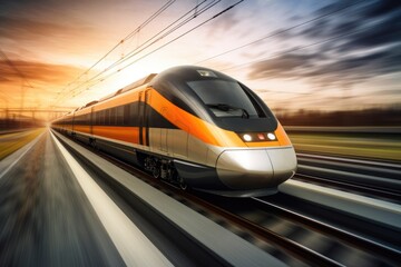 Fototapeta premium Urban Rush: Dynamic High-Speed Train in Motion, Orange Hues