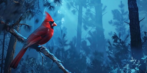 a cardinal bird sitting on a branch, a pine forest in the background, with blue underlighting